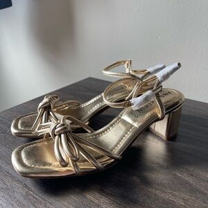 Anne Klein Metallic Gold Knot-Front Block Heel Sandals